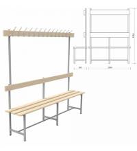 Скамья с вешалкой, спинкой "СВТ 6", 1765х2000х395 мм, 14 крючков, регулируемые опоры, каркас металлический серый, сиденье дерево